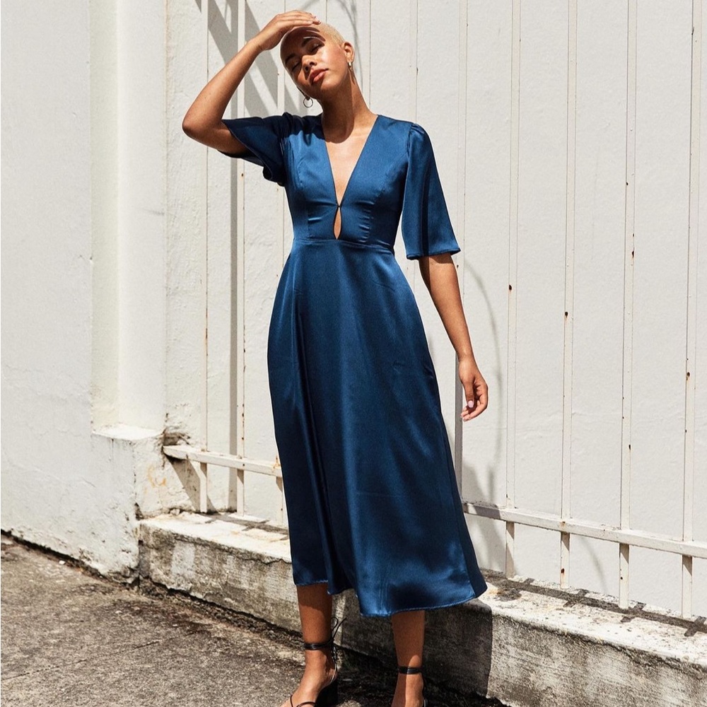 Park & Fifth Satin Midi Dress in Deep Teal Blue - Picture 5 of 5